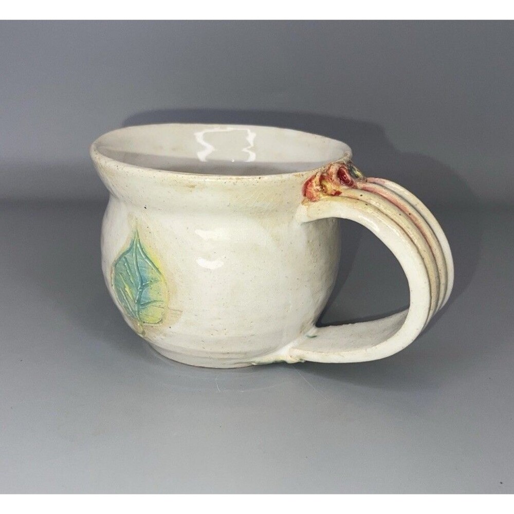 Vintage Handcrafted Ceramic Coffee Mug Cup 8oz Cream Leaf Pottery Farmhouse